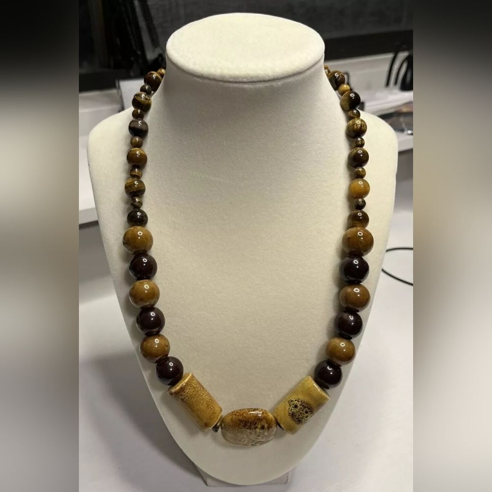 Chunky TIGER EYE Beads Brown Statement Necklace 18” Beautiful